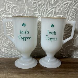 2 Vintage Milk Glass Irish Coffee Mugs Pedestal Shamrock Federal Glass